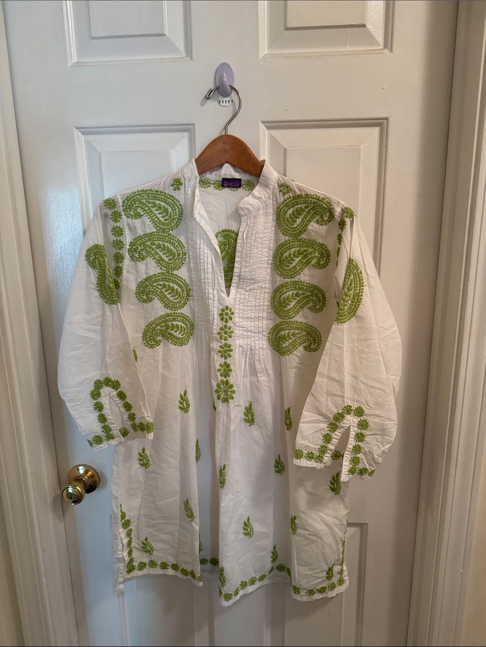 Embroidered Cotton Tunic Top - White with Green Paisley